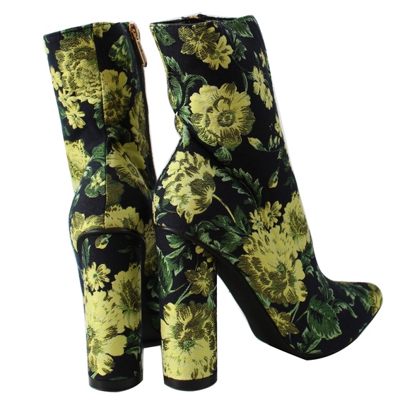 Size 6 Yellow Floral Pointy Toe Cylinder Block Ankle Boot - Picture 4 of 6